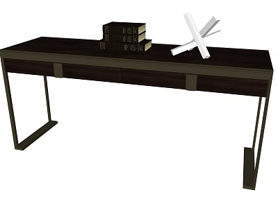 Modern Office Desk with Stack of Books and Crossed Papers on Wooden Top 3d model