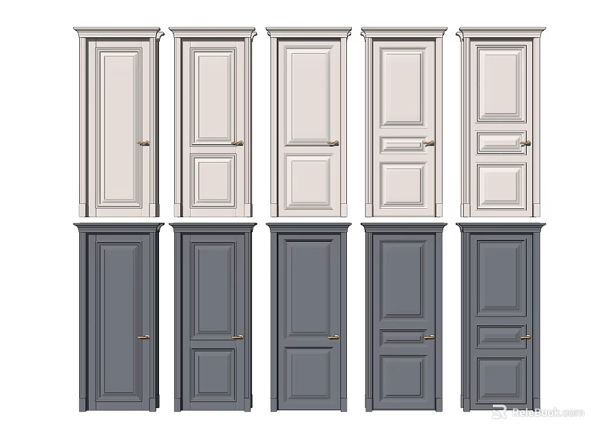 White and Dark Gray Hinged Doors with Various Panel Designs and Handles for Home Interior 3d model 