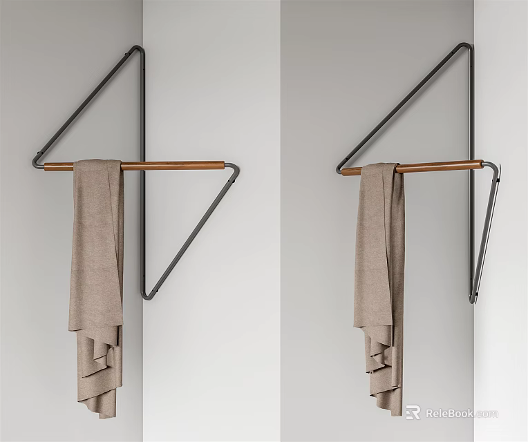 Wall Mounted Bathroom Shelf With Triangular Metal Frame And Wooden Rod Hanging Towel 3d model 
