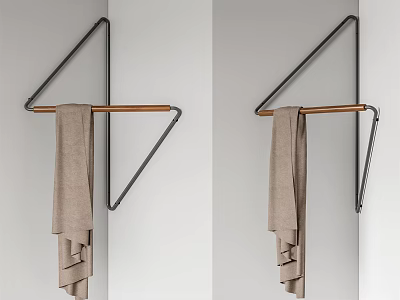 Wall Mounted Bathroom Shelf With Triangular Metal Frame And Wooden Rod Hanging Towel 3d model