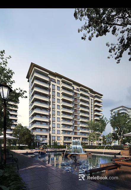 Modern High Rise Residential Building With Balconies Trees And Street Lamps Around 3d model 
