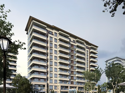 Modern High Rise Residential Building With Balconies Trees And Street Lamps Around 3d model