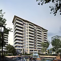 Modern High Rise Residential Building With Balconies Trees And Street Lamps Around