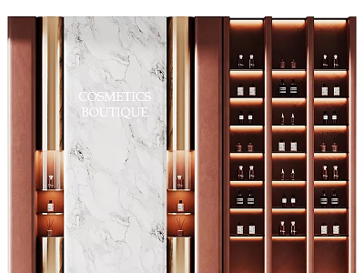 Elegant Cosmetics Boutique Display Shelves with Glass Bottles Gold Accents and Marble Walls 3d model
