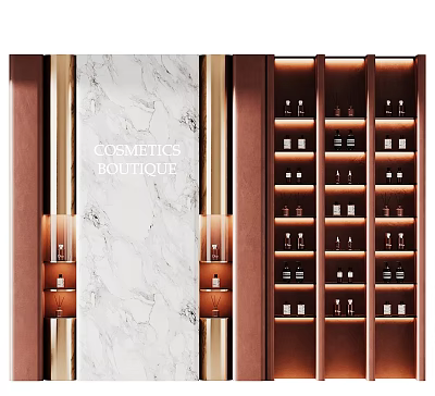 Elegant Cosmetics Boutique Display Shelves with Glass Bottles Gold Accents and Marble Walls 3d model