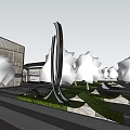 Modern Spiritual Fortress with Sleek Metal Design in Urban Plaza Surrounded by Greenery and Trees