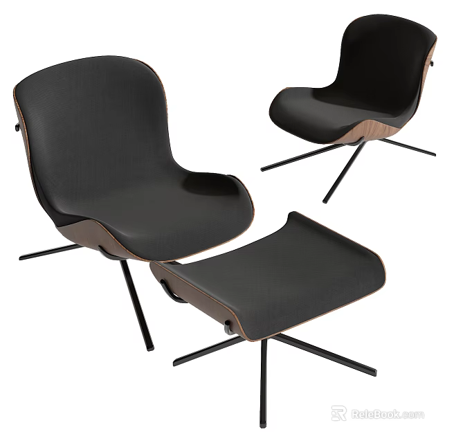 Modern Black Leisure Chair With Wooden Legs And Ottoman Footrest For Living Room 3d model 