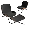 Modern Black Leisure Chair With Wooden Legs And Ottoman Footrest For Living Room