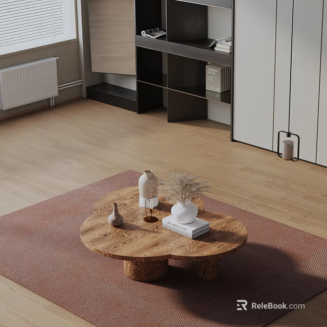 Modern Sofa and Wooden Coffee Table Set with Vase Dried Flowers Books on Brown Rug 3d model 