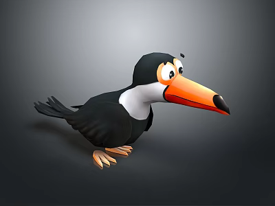 Cartoon Style Toucan with Black Body White Neck and Orange Beak 3d model