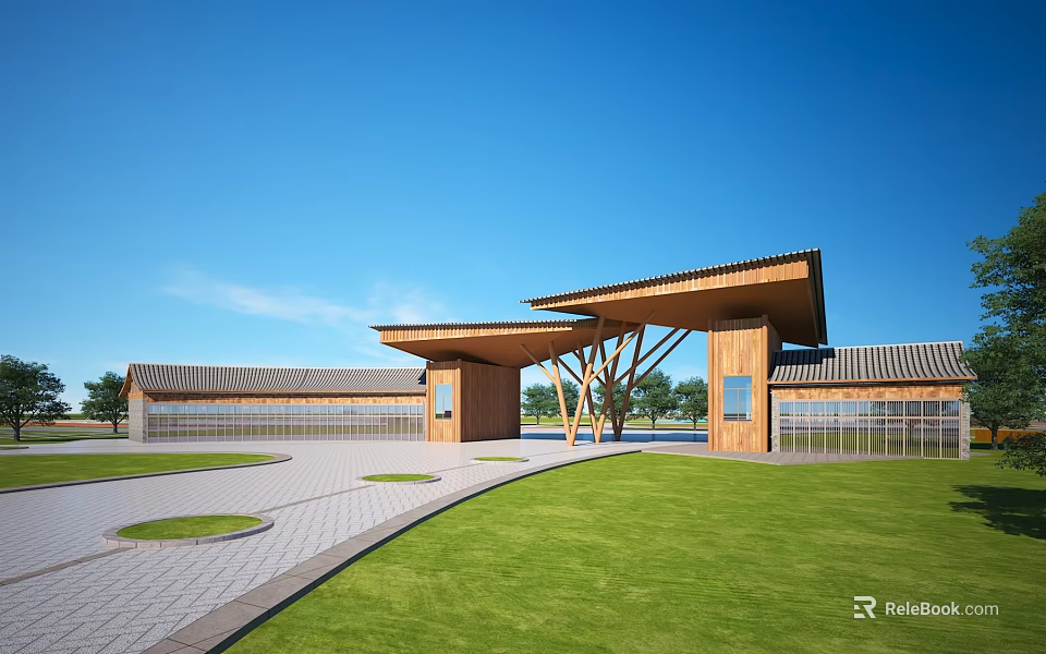 Wooden Entrance Gate With Modern Design Traditional Roof And Green Lawn Landscape 3d model 