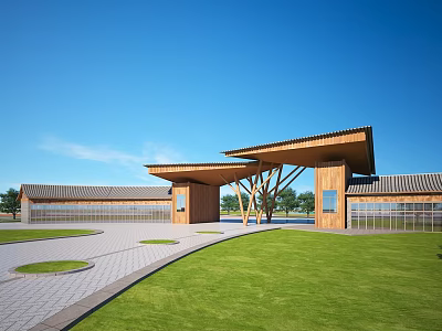 Wooden Entrance Gate With Modern Design Traditional Roof And Green Lawn Landscape 3d model
