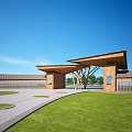 Wooden Entrance Gate With Modern Design Traditional Roof And Green Lawn Landscape