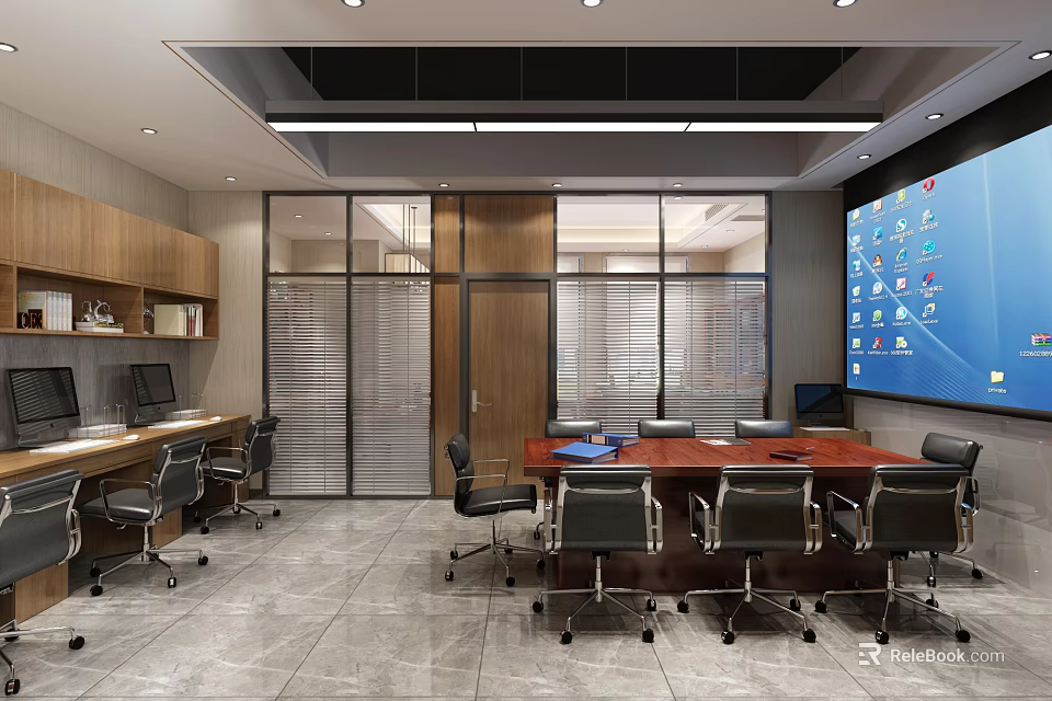 Modern Public Office Space With Conference Table Office Chairs And Large Screen 3d model 