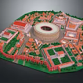 Modern Architectural Model Layout Featuring Central Circular Structure Red Roofed Buildings And Green Spaces