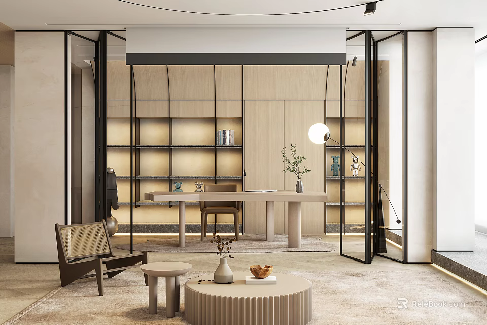 Modern Study Room Interior With Wooden Shelves Minimalist Desk Chair And Green Plant 3d model 