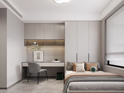 Modern Tatami Bedroom with Desk Chair Storage Cabinets and Decorative Pillows 3d model