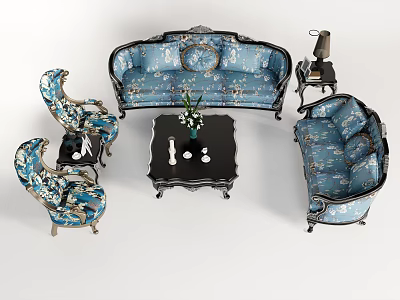 Classic Blue Floral Pattern Sofa And Coffee Table Set With Matching Armchairs 3d model