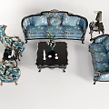 Classic Blue Floral Pattern Sofa And Coffee Table Set With Matching Armchairs 3d model