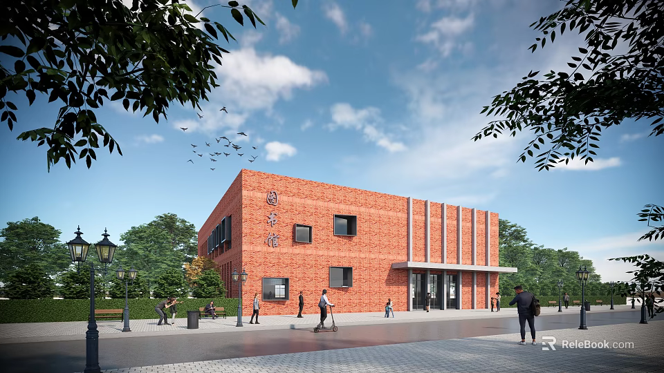 Red Brick School Building with Trees Pedestrians and Blue Sky with Clouds 3d model 