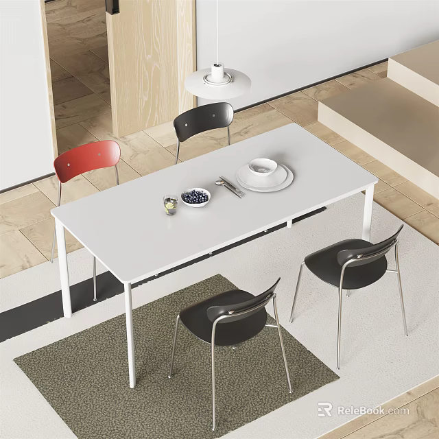 Modern White Dining Table Set With Black Red Chairs And Tableware In Minimalist Interior 3d model
