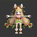 Cute Anthropomorphic Blonde Character In Floral Leaf Costume With Long Ears And Small Black Creature