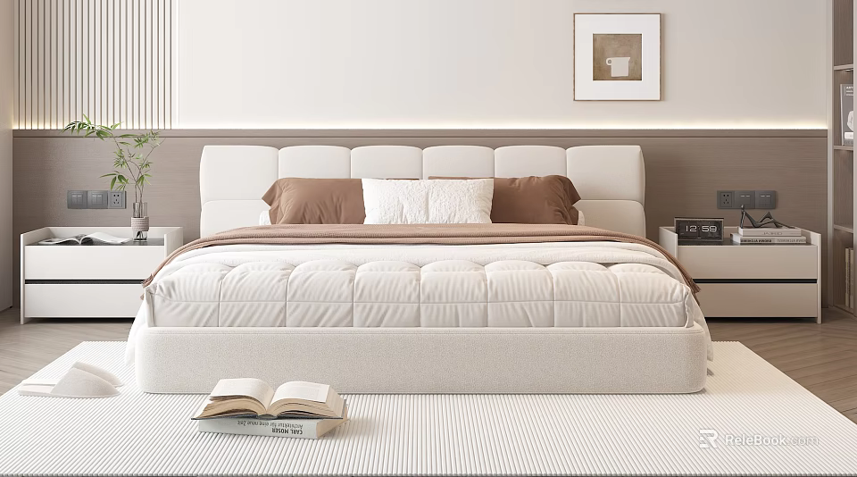 Double Bed in Minimalist Bedroom with White Upholstered Headboard Brown White Pillows Side Nightstand Plant 3d model 