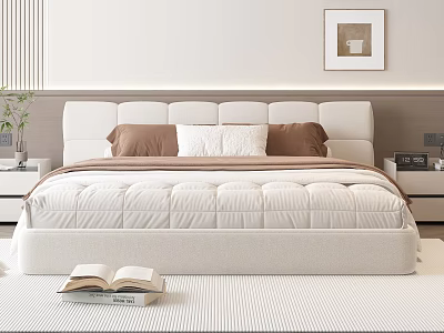 Double Bed in Minimalist Bedroom with White Upholstered Headboard Brown White Pillows Side Nightstand Plant 3d model