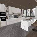 Modern Kitchen Interior With White Cabinets Marble Island And Brass Bar Stools