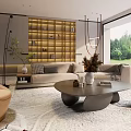 Modern Living Room With Beige Sofa Yellow Accent Wall Shelving Unit And Outdoor Greenery