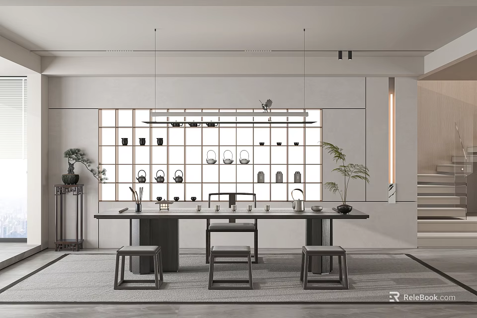 Modern Tea Room Interior Design With Wooden Tea Table Decorative Shelves And Potted Plants 3d model 