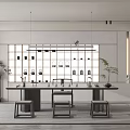 Modern Tea Room Interior Design With Wooden Tea Table Decorative Shelves And Potted Plants