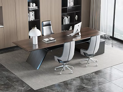 Modern Office Interior With Wooden Desk Gray Chairs Laptop Lamp Bookshelf And Large Window 3d model