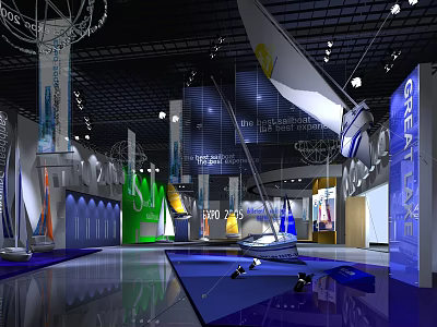 Modern Exhibition Hall Interior With Colorful Booths Flags And Bright Lighting 3d model