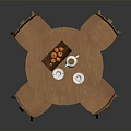 Round Wooden Dining Table Set With Four Matching Chairs And Tableware 3d model