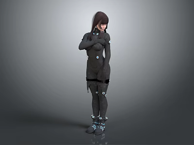 Futuristic Game Movie Character With Brown Hair Black Outfit And Blue Accents 3d model