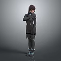 Futuristic Game Movie Character With Brown Hair Black Outfit And Blue Accents