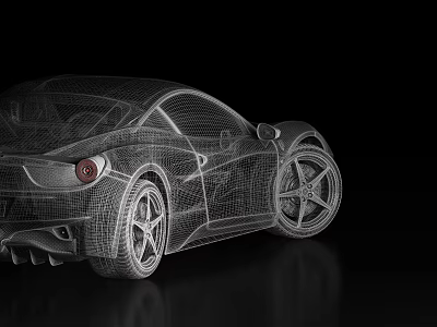 3D Wireframe Sports Car Model With Detailed Structure On Black Background 3d model
