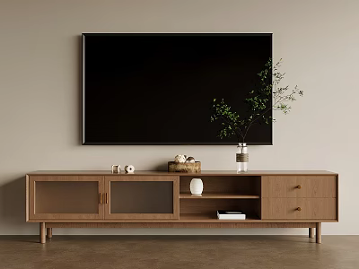 Modern Wooden TV Stand with Glass Door Cabinets Open Shelves and Green Plant Vase 3d model