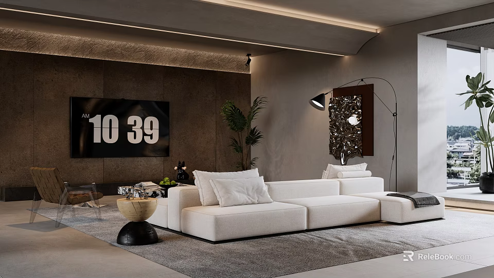 Modern Living Room With White L shaped Sofa TV Plants Floor Lamp And Gray Rug 3d model 
