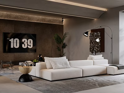 Modern Living Room With White L shaped Sofa TV Plants Floor Lamp And Gray Rug 3d model