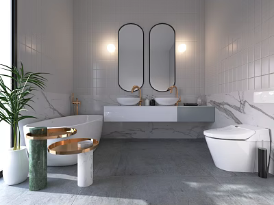 Modern Bathroom Interior With Double Oval Mirrors Marble Countertop Vanity Gold Faucets And Freestanding Bathtub 3d model
