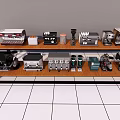 Modern Kitchen With Various Appliances Including Coffee Makers And Ovens On Shelves