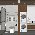 Modern Bathroom Interior With Glass Shower White Toilet Stacked Washing Machines And Wooden Shelves