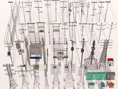 Industrial Electrical Equipment Featuring Power Towers Poles Transformers And Control Cabinets 3d model