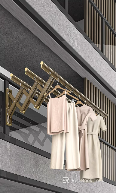 Golden Foldable Clothes Drying Rack Balcony Mounted With Light Colored Clothes 3d model 