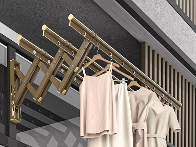 Golden Foldable Clothes Drying Rack Balcony Mounted With Light Colored Clothes 3d model