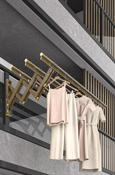 Golden Foldable Clothes Drying Rack Balcony Mounted With Light Colored Clothes 3d model