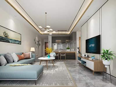 Modern Living Room With Light Blue Sofa Coffee Table TV Rug Chandelier And Potted Plant 3d model