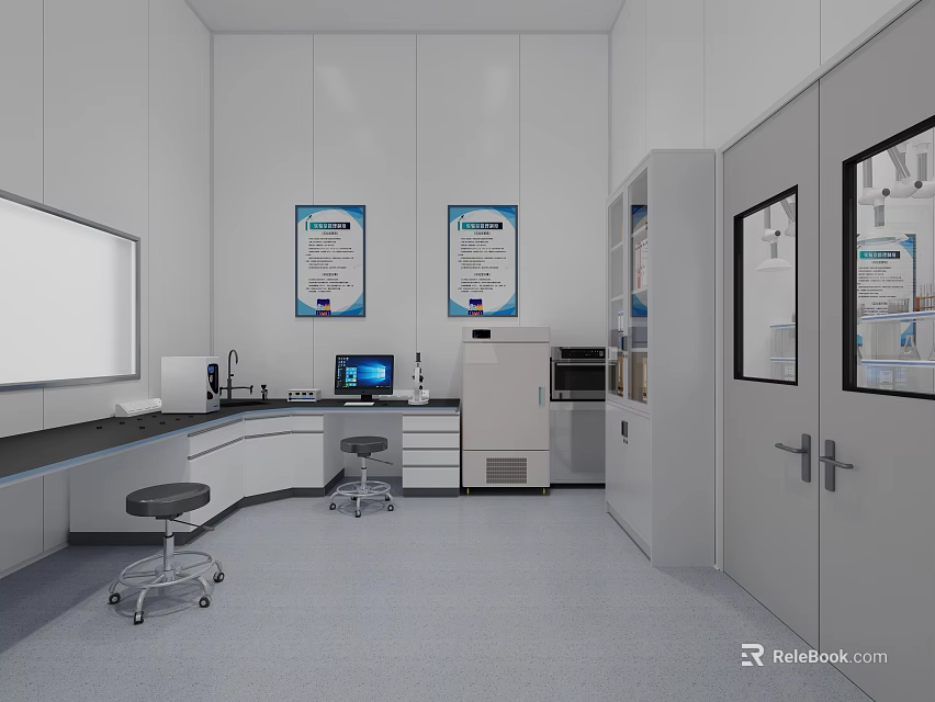 Modern Laboratory Interior With White Walls Lab Benches Stools Computers And Cabinets 3d model 